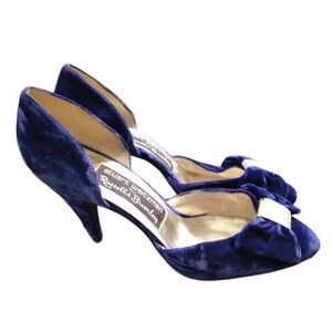 Vintage Stuart Weitzman Blue Velvet Heels Rhinestone Bow Evening Shoes  7